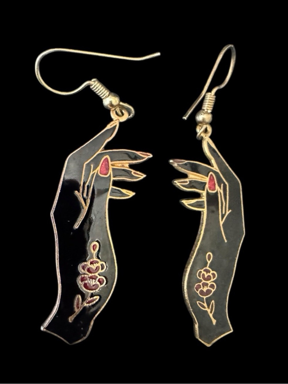 Vintage Black Cloisonné Hand w Floral Tattoo Earrings